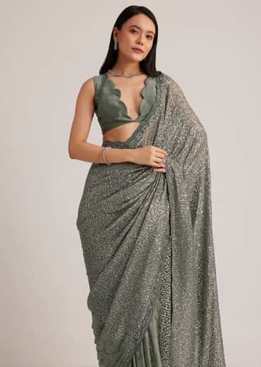 Grey Sequins Net Saree