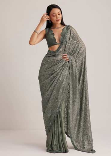 Grey Sequins Net Saree