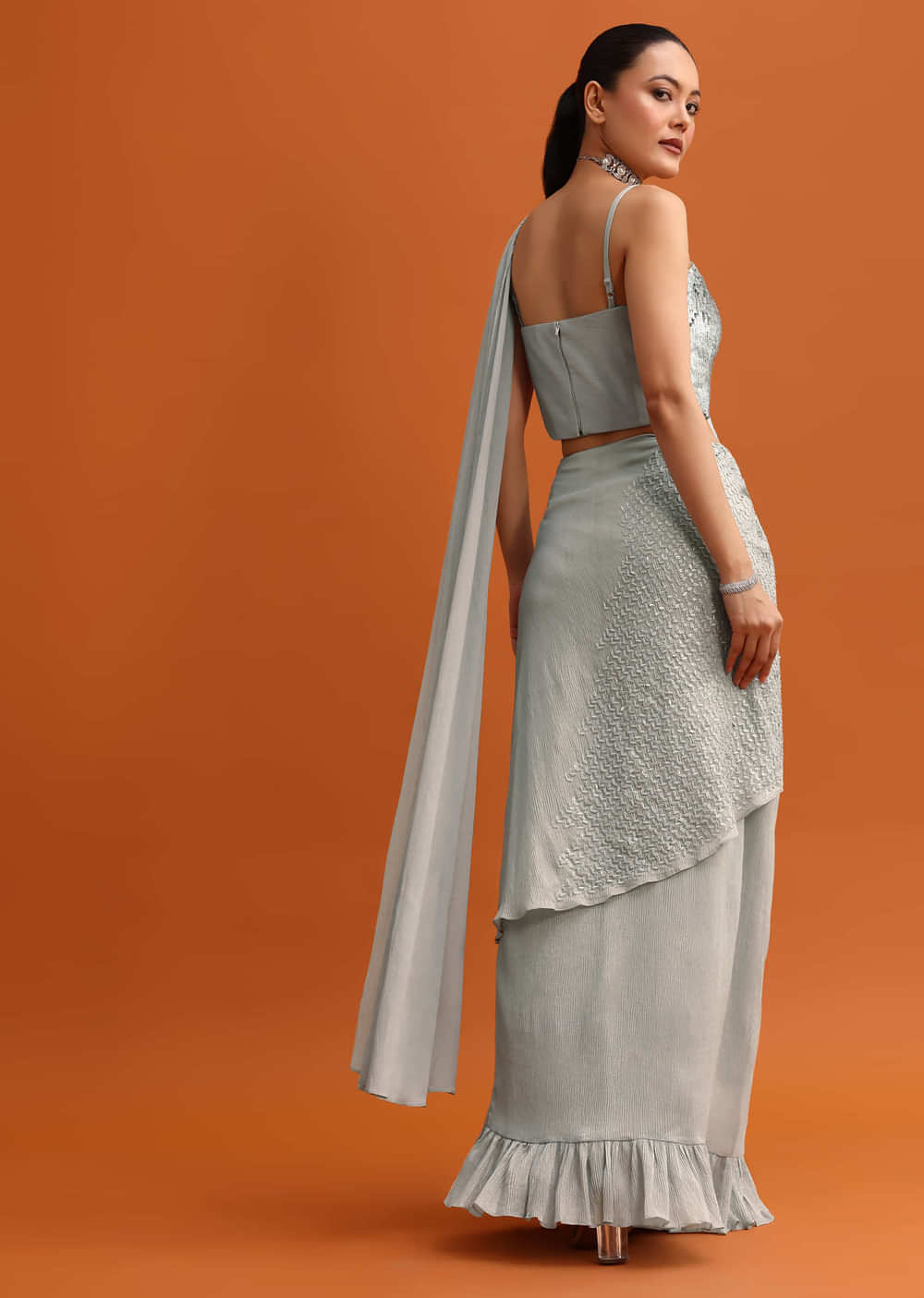 Grey Sequins Ready Pleated Saree