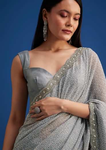 Grey Sequins Saree With Scalloped Embroidered Border