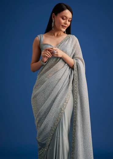 Grey Sequins Saree With Scalloped Embroidered Border