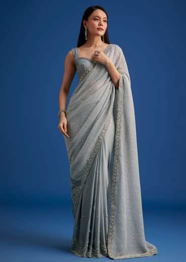 Grey Sequins Saree With Scalloped Embroidered Border