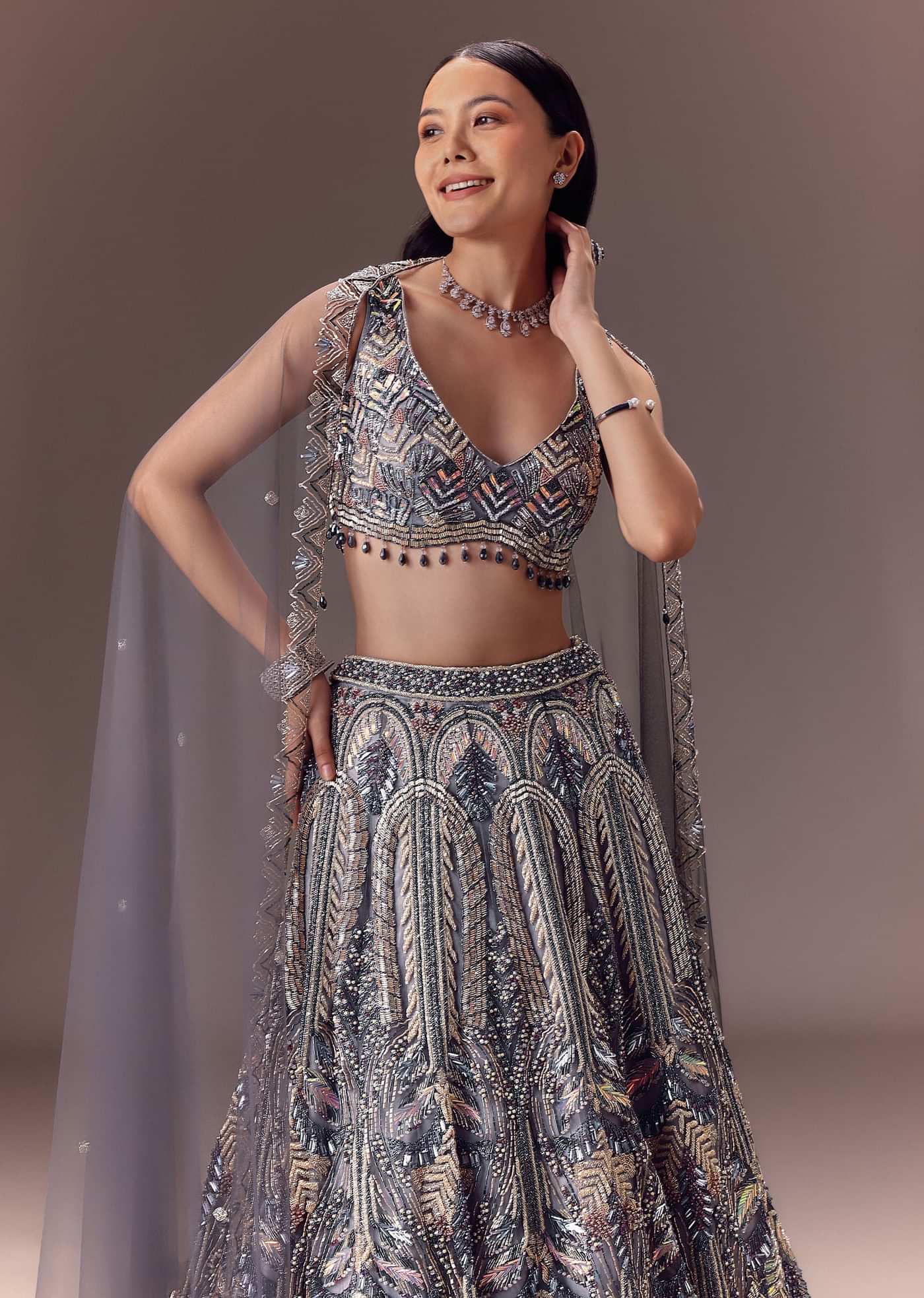 Grey Shimmer Net Lehenga Set With Cape Style Dupatta
