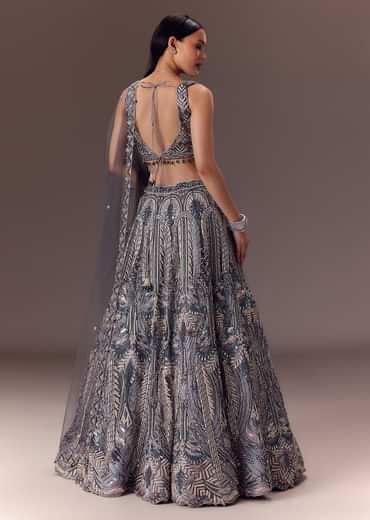 Grey Shimmer Net Lehenga Set With Cape Style Dupatta