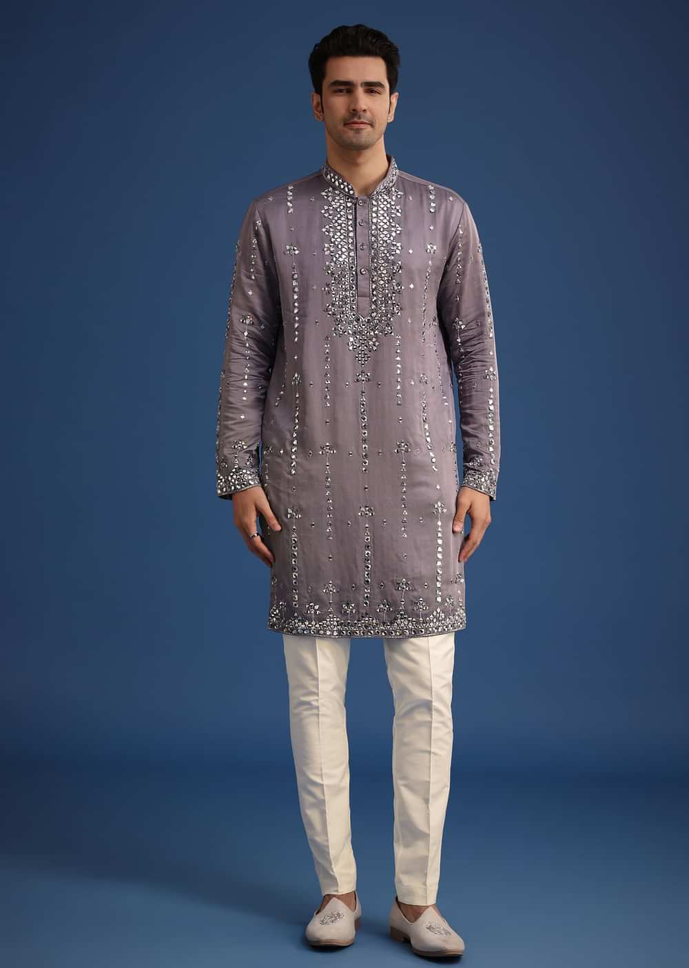 Grey Silk Blend Mirror Work Kurta Set With Dupatta