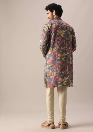 Grey Silk Kurta Set with Floral Prints