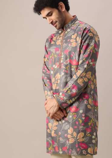 Grey Silk Kurta Set with Floral Prints