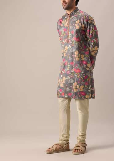 Grey Silk Kurta Set with Floral Prints