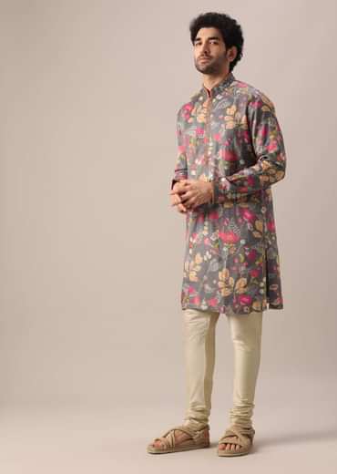 Grey Silk Kurta Set with Floral Prints