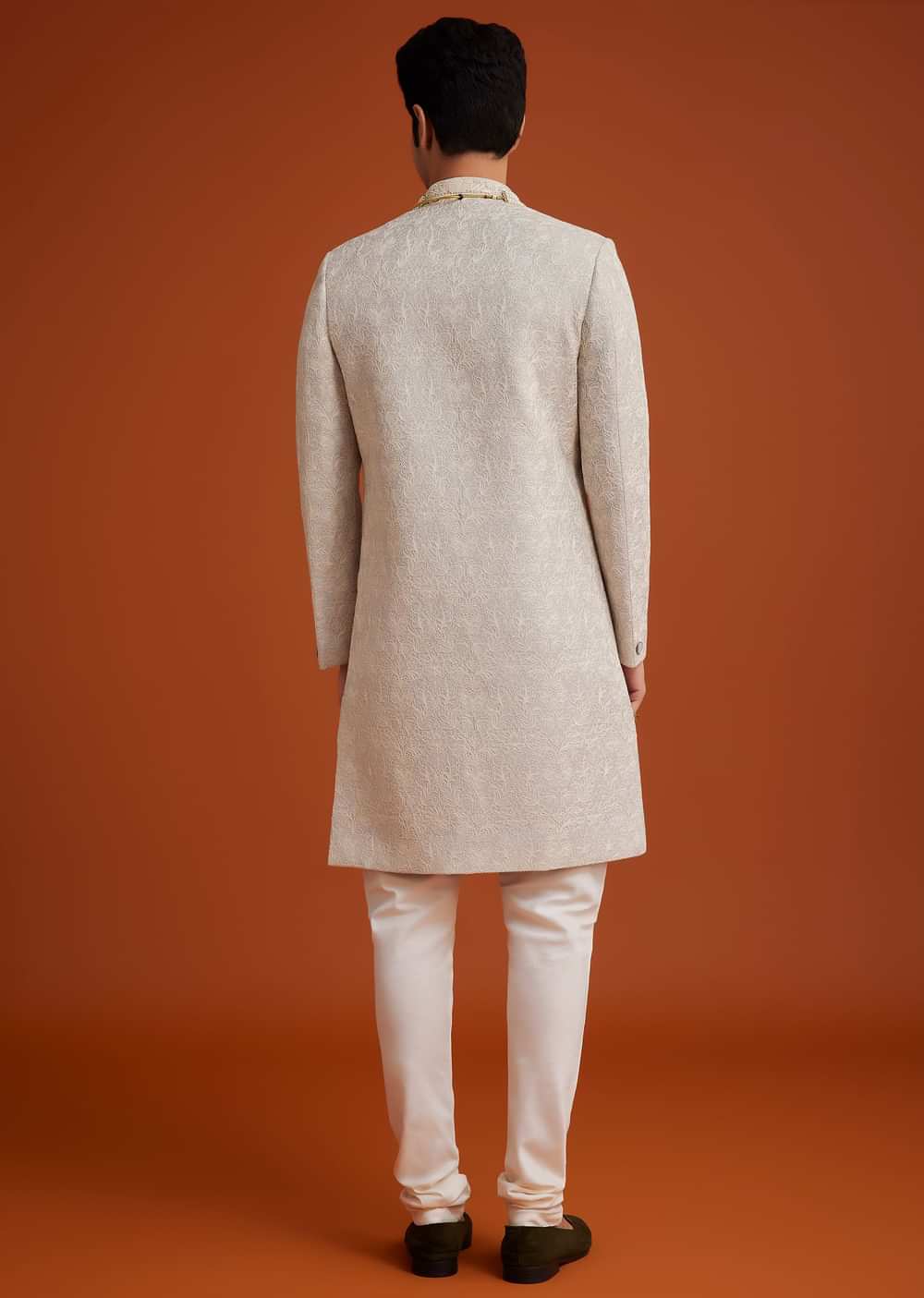 Grey Silk Sherwani With Embroidery And Beads Work