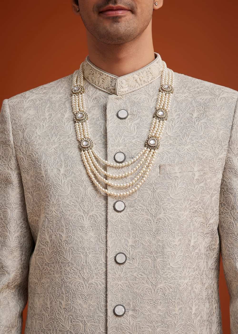 Grey Silk Sherwani With Embroidery And Beads Work