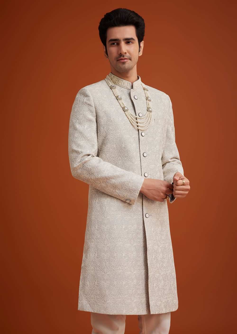 Grey Silk Sherwani With Embroidery And Beads Work