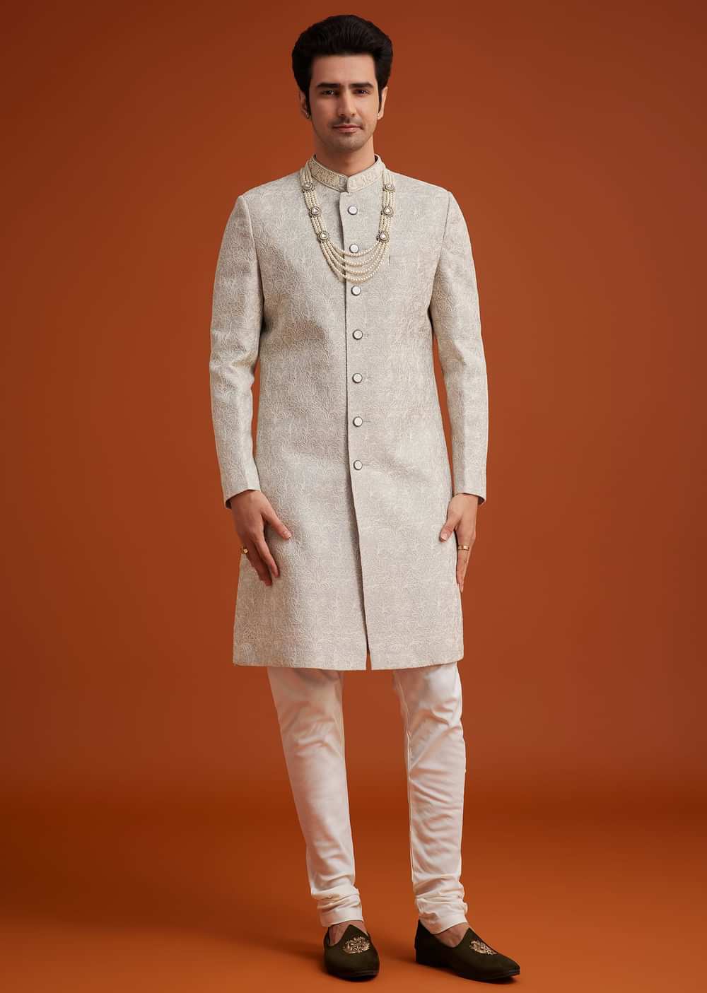Grey Silk Sherwani With Embroidery And Beads Work
