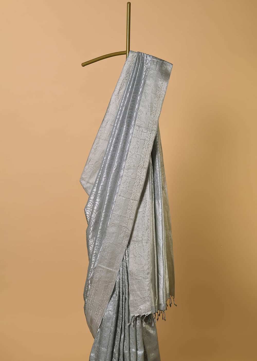 Grey South Silk Saree With Abstract Zari Border And Unstitched Blouse Fabric