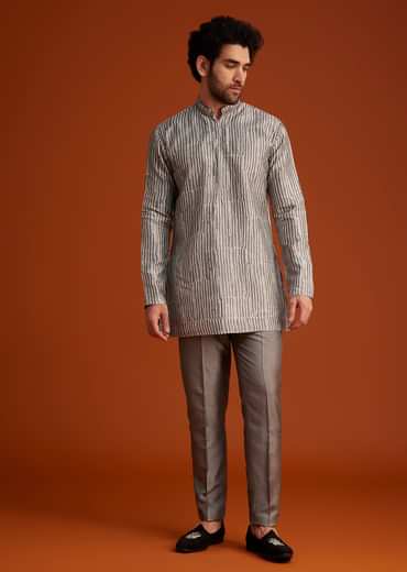 Grey Textured Jacket With Striped Kurta Set