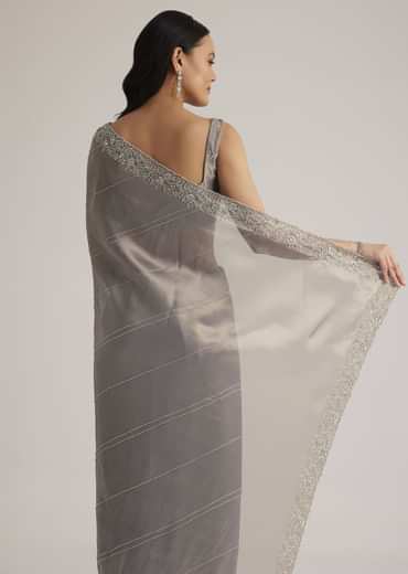 Grey Tissue Embroidered Saree