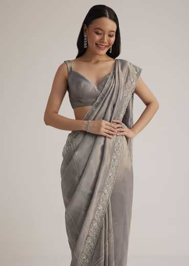 Grey Tissue Embroidered Saree