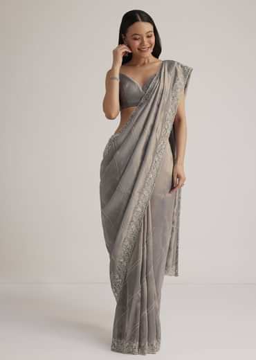 Grey Tissue Embroidered Saree