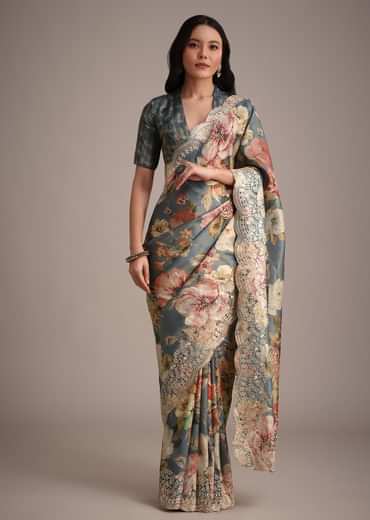 Grey Tissue Muslin Digital Printed Saree With Pitta Work On Border