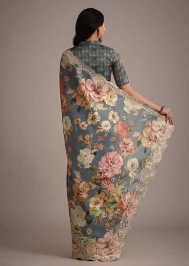 Grey Tissue Muslin Digital Printed Saree With Pitta Work On Border