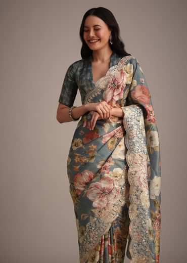 Grey Tissue Muslin Digital Printed Saree With Pitta Work On Border