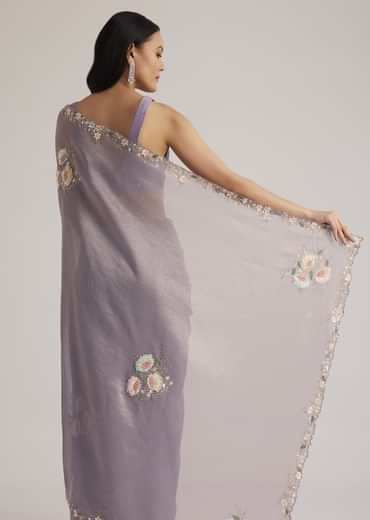 Grey Tissue Saree Floral Embroidery