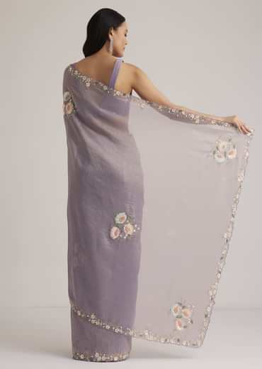 Grey Tissue Saree Floral Embroidery