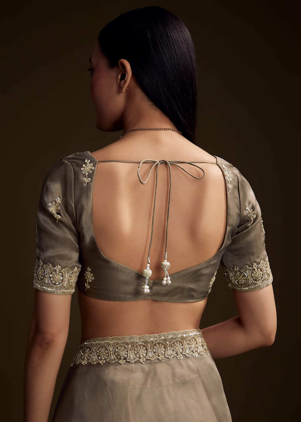 Grey Tissue Saree With Floral And Zardosi Embroidery