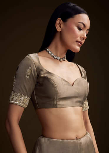 Grey Tissue Saree With Floral And Zardosi Embroidery