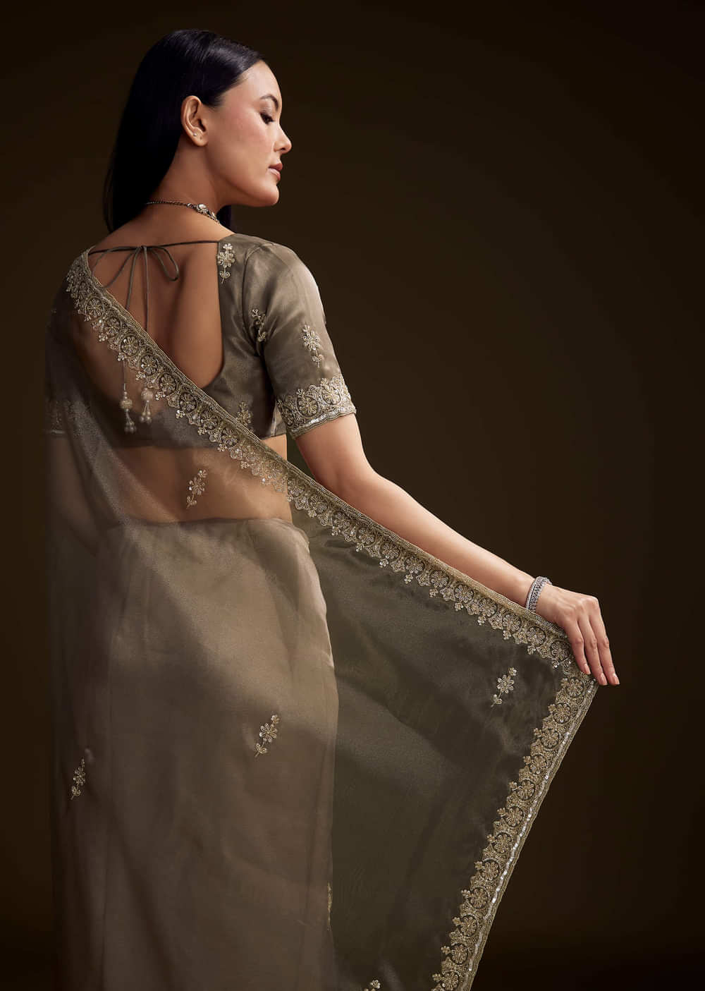 Grey Tissue Saree With Floral And Zardosi Embroidery