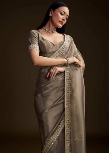 Grey Tissue Saree With Floral And Zardosi Embroidery
