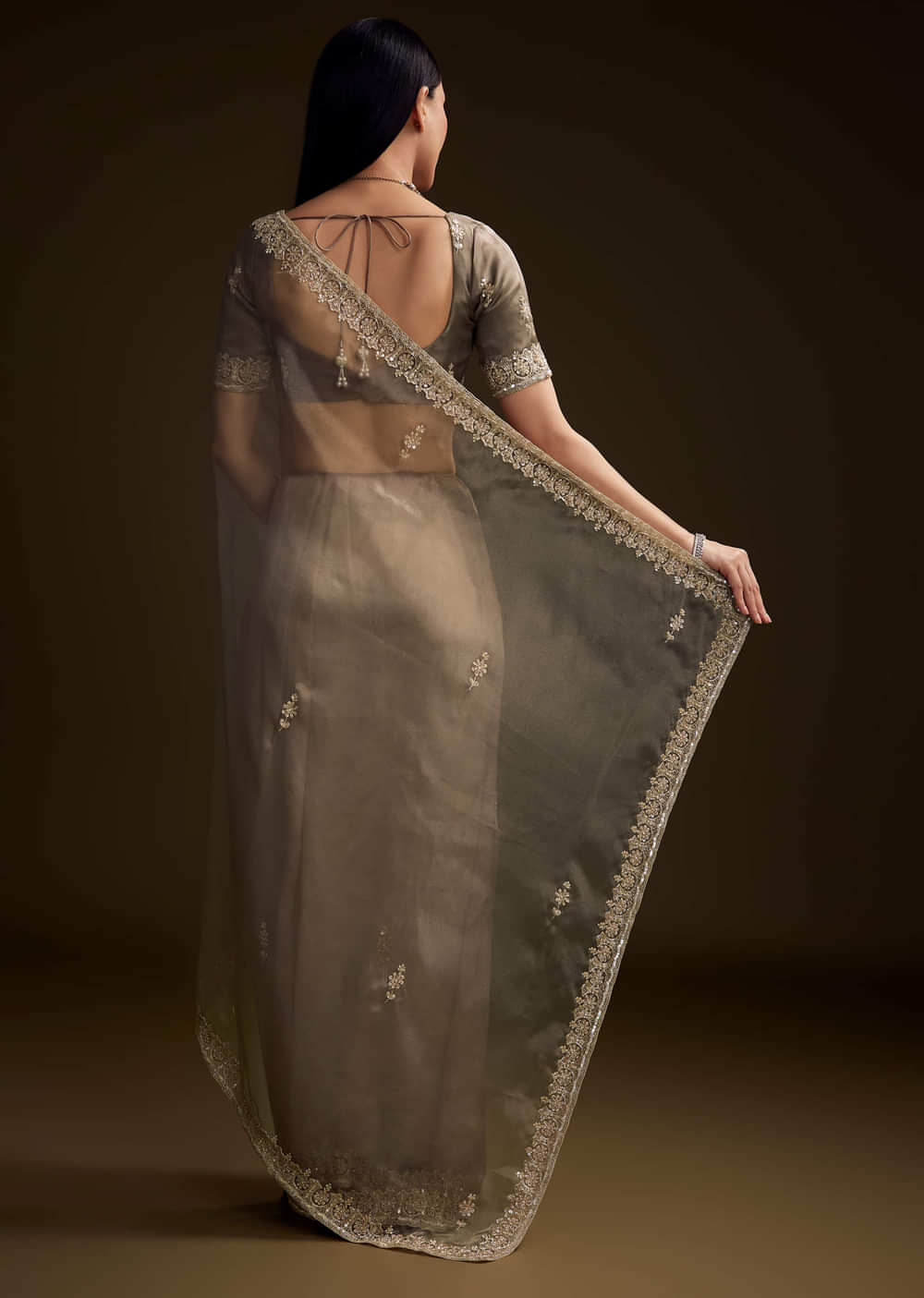 Grey Tissue Saree With Floral And Zardosi Embroidery