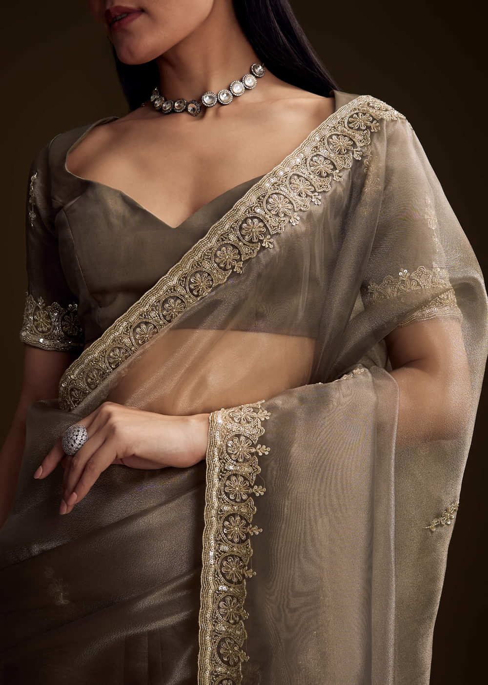 Grey Tissue Saree With Floral And Zardosi Embroidery