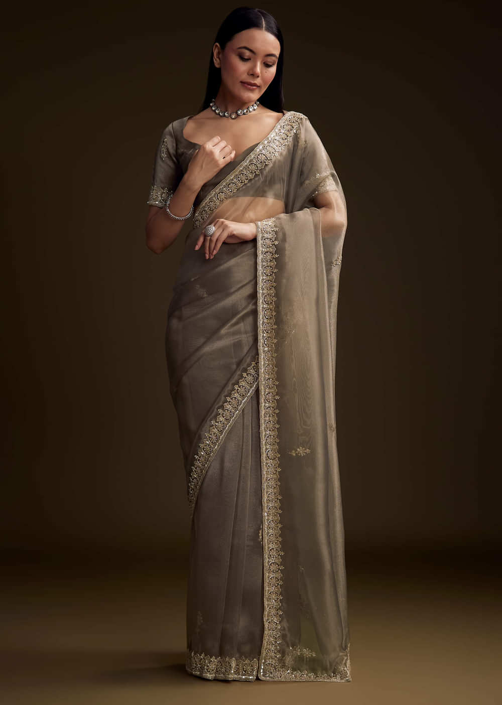 Grey Tissue Saree With Floral And Zardosi Embroidery