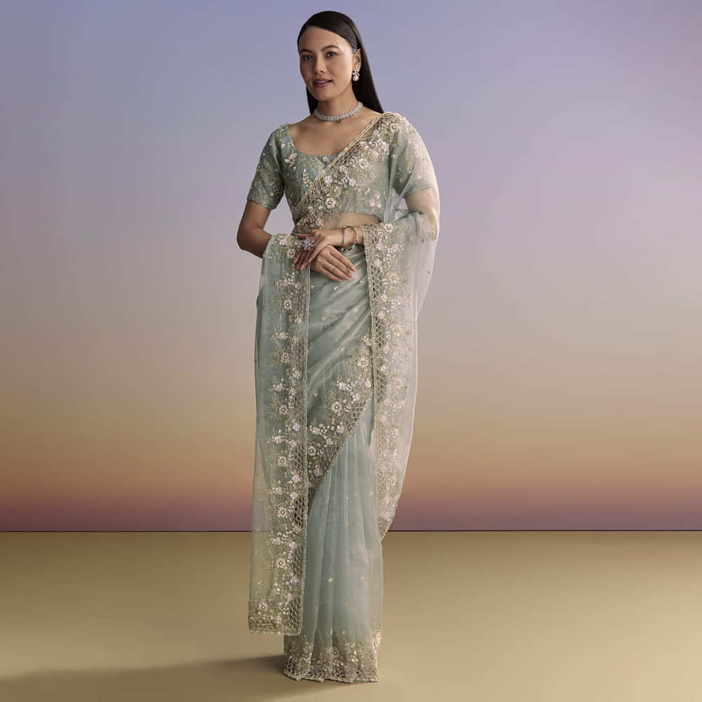 Grey Tissue Saree With Floral Embroidery And Cutwork Border