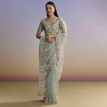 Grey Tissue Saree With Floral Embroidery And Cutwork Border