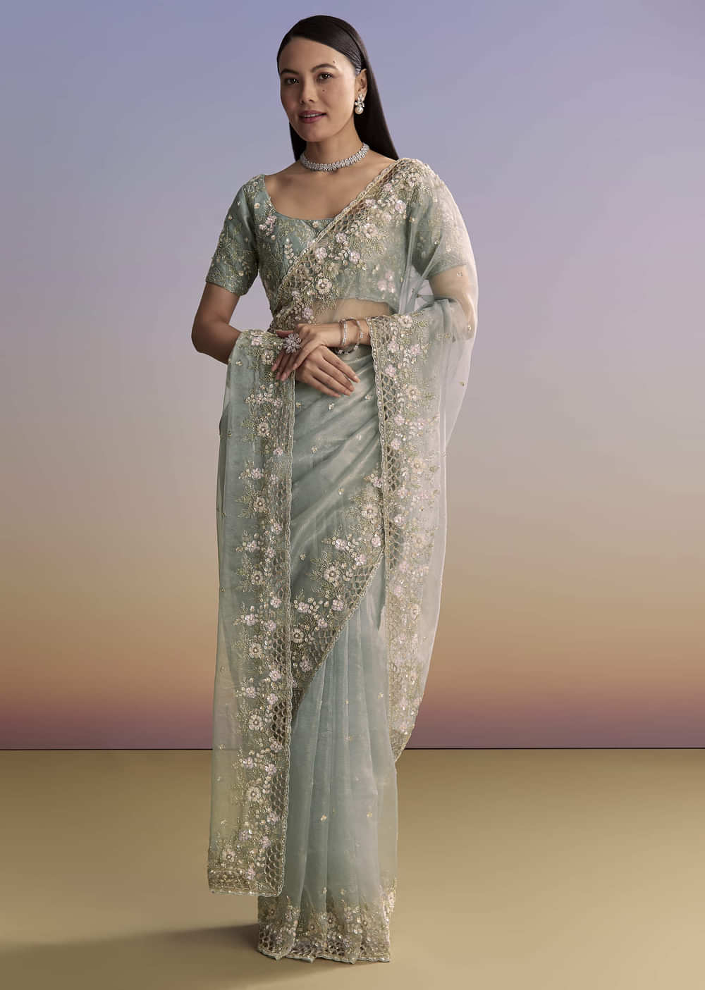 Grey Tissue Saree With Floral Embroidery And Cutwork Border