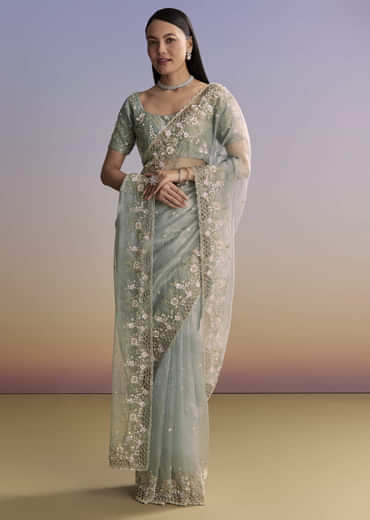 Grey Tissue Saree With Floral Embroidery And Cutwork Border