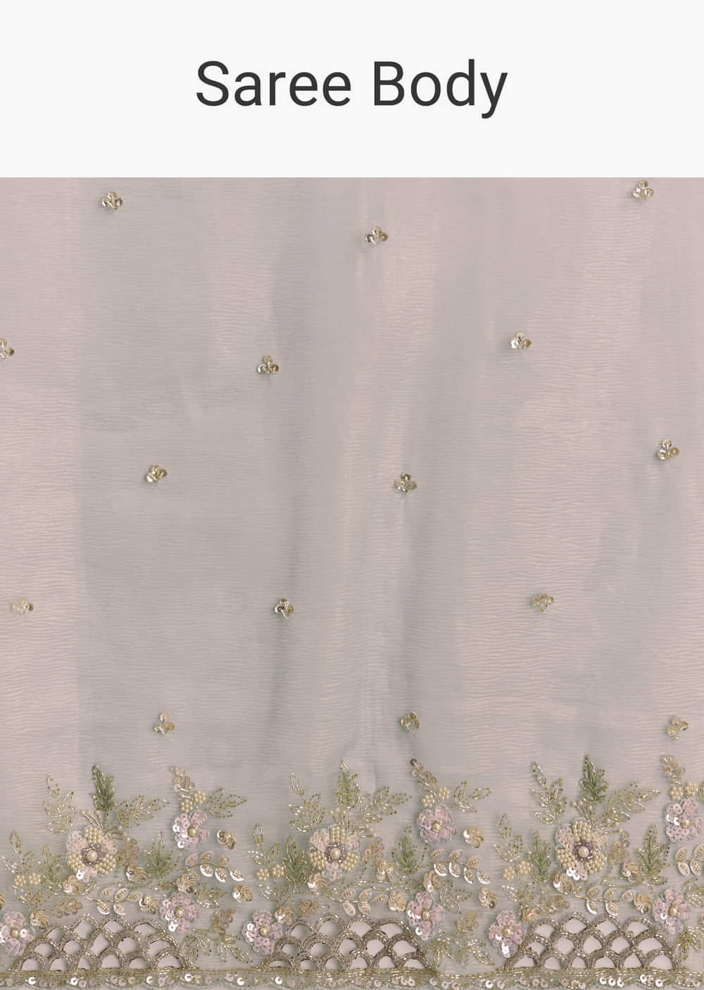 Grey Tissue Saree With Floral Embroidery And Cutwork Border