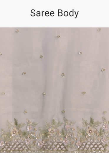 Grey Tissue Saree With Floral Embroidery And Cutwork Border