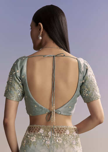 Grey Tissue Saree With Floral Embroidery And Cutwork Border