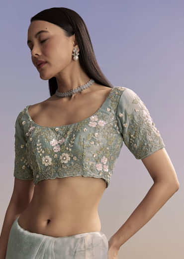 Grey Tissue Saree With Floral Embroidery And Cutwork Border