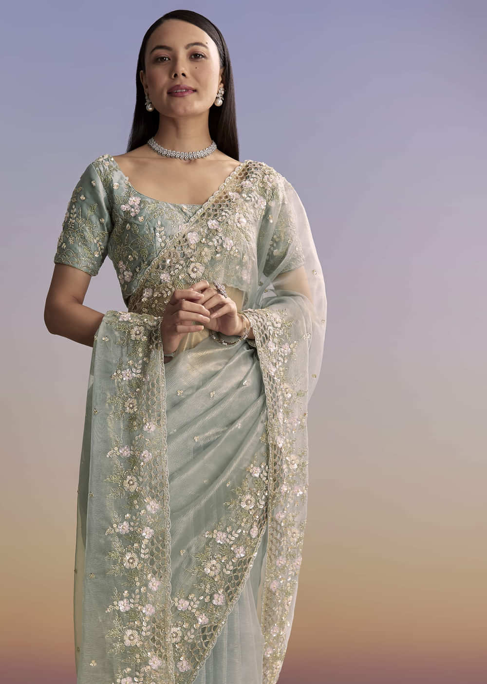 Grey Tissue Saree With Floral Embroidery And Cutwork Border