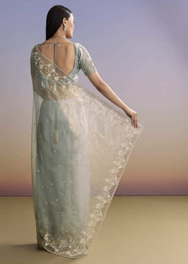 Grey Tissue Saree With Floral Embroidery And Cutwork Border