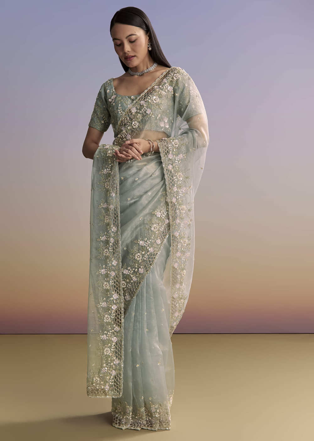 Grey Tissue Saree With Floral Embroidery And Cutwork Border