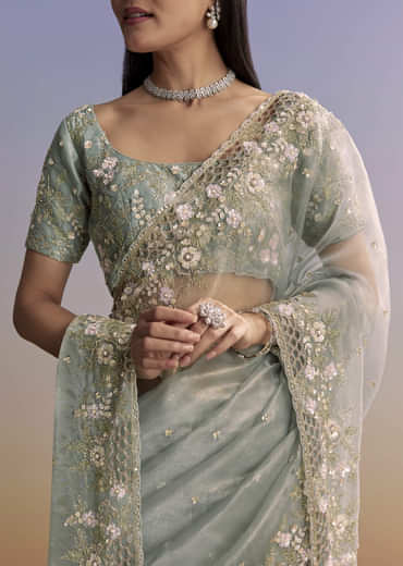 Grey Tissue Saree With Floral Embroidery And Cutwork Border