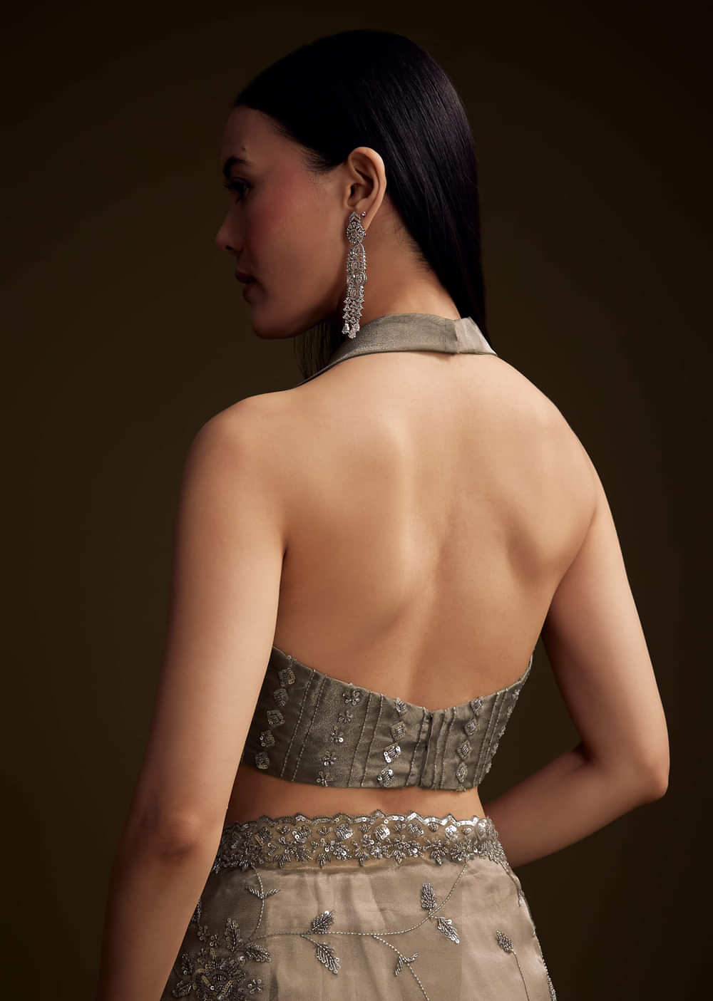 Grey Tissue Saree With Floral Jaal And Sequin Embroidery