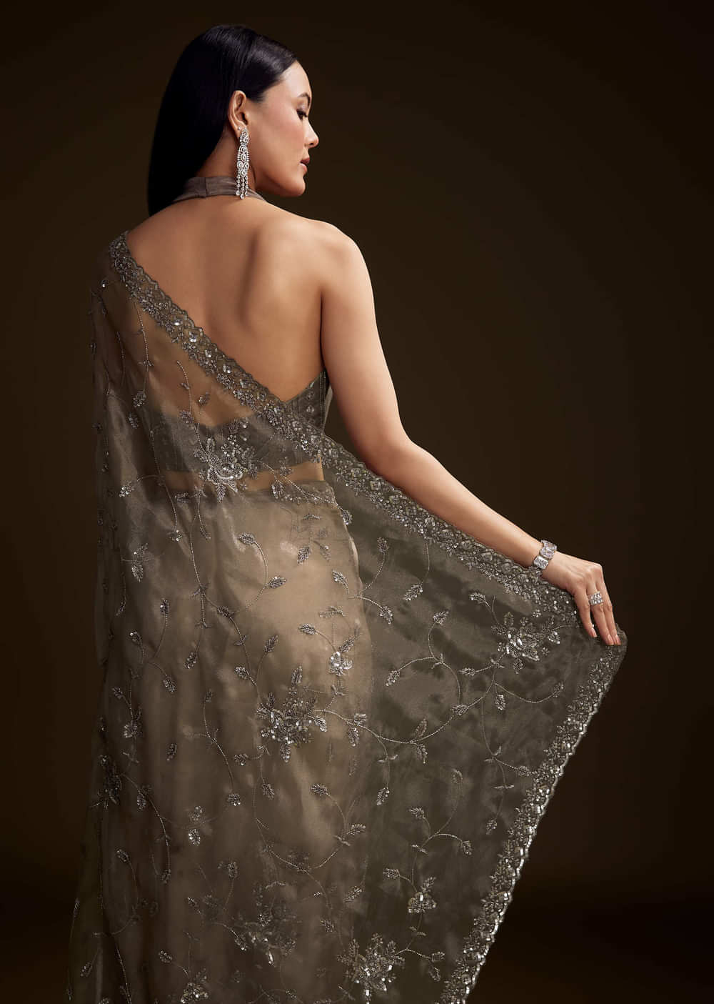 Grey Tissue Saree With Floral Jaal And Sequin Embroidery