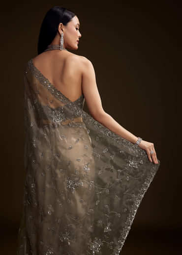 Grey Tissue Saree With Floral Jaal And Sequin Embroidery