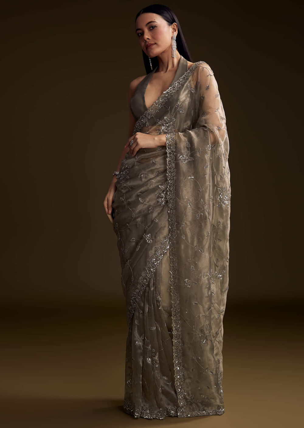 Grey Tissue Saree With Floral Jaal And Sequin Embroidery